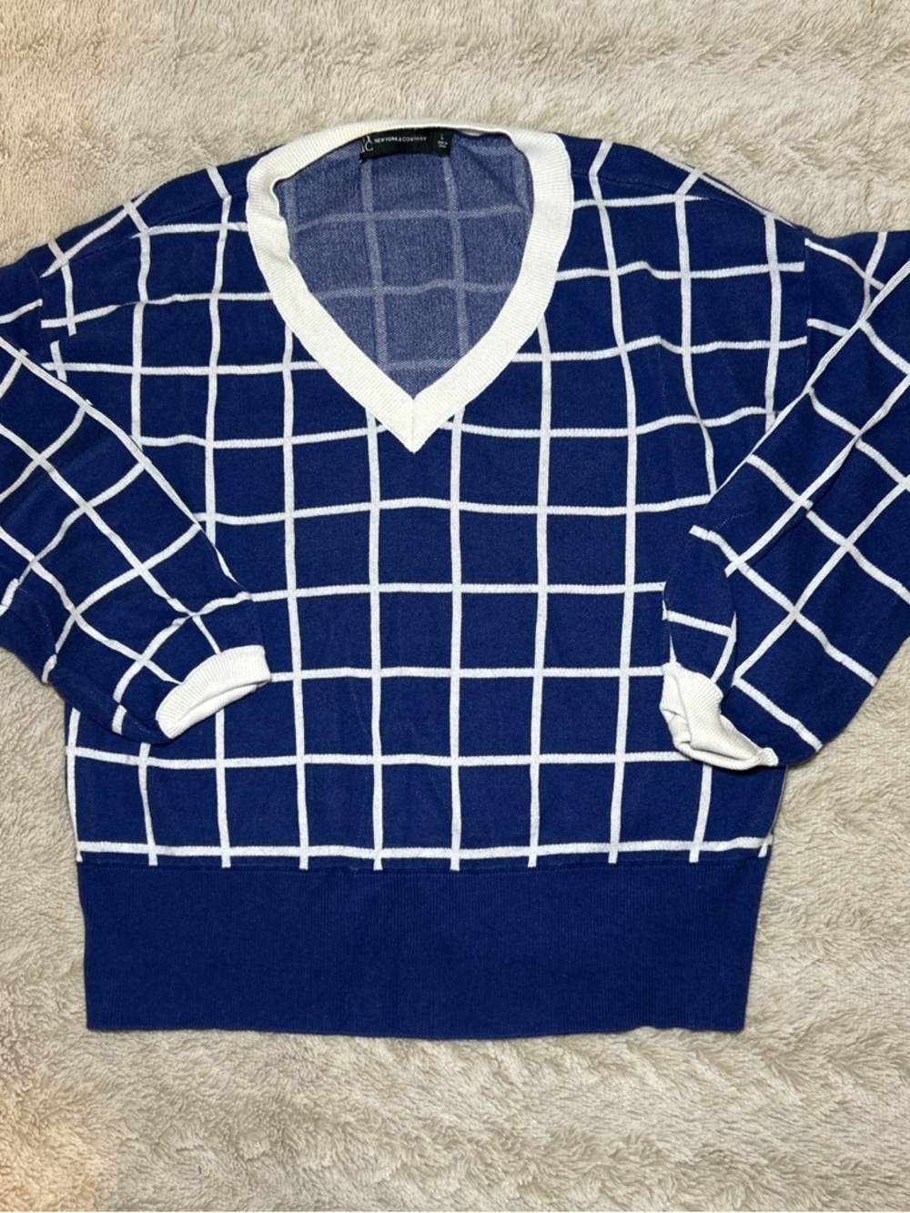 New York & Company Navy and White Windowpane V-Neck Sweater